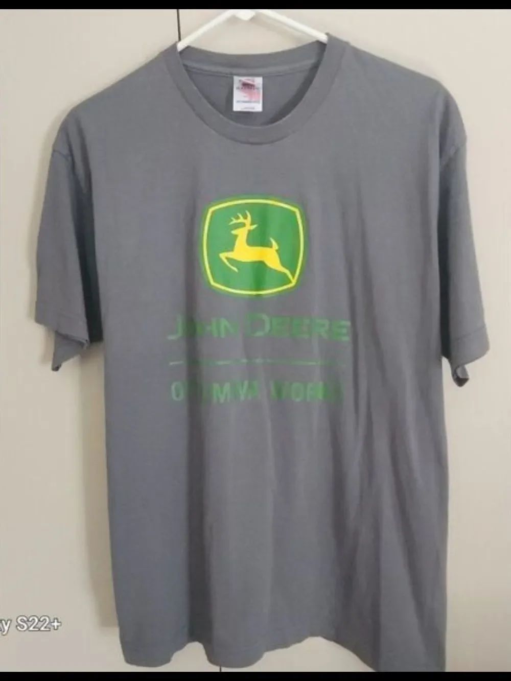 E28 Gray T shirt with John Deere Green and Yellow Logo Emblem
